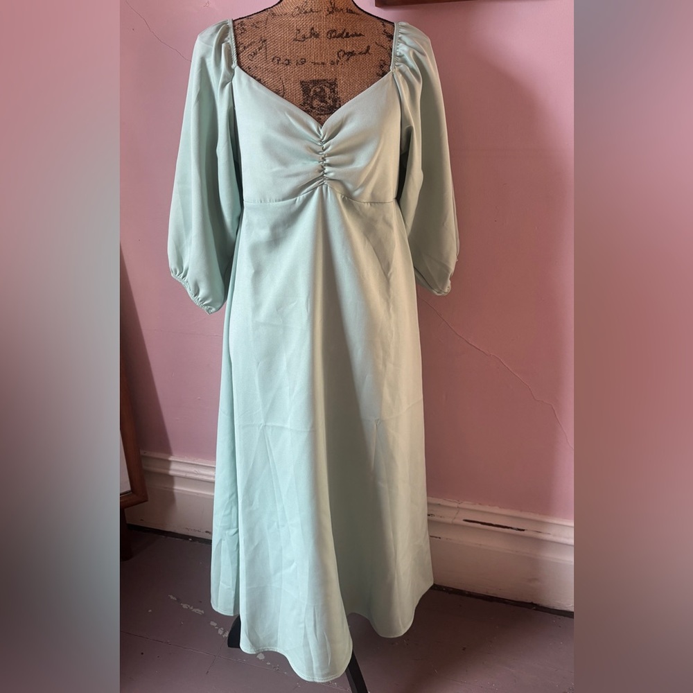 Velvet Torch Green Ruched Sundress with Bishop Sleeves